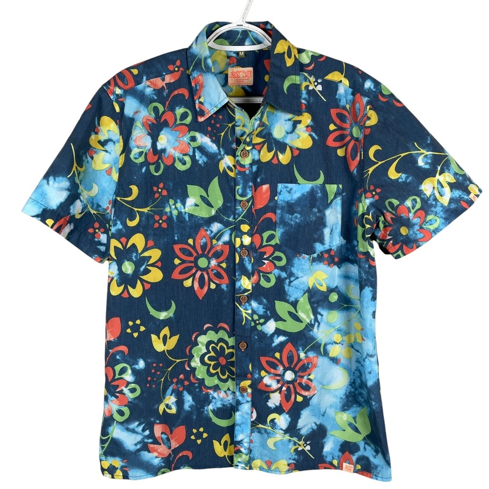 Lost At Sea Mens Button Up Shirt Medium Colorful Floral S/S Stretch Tie Dye
